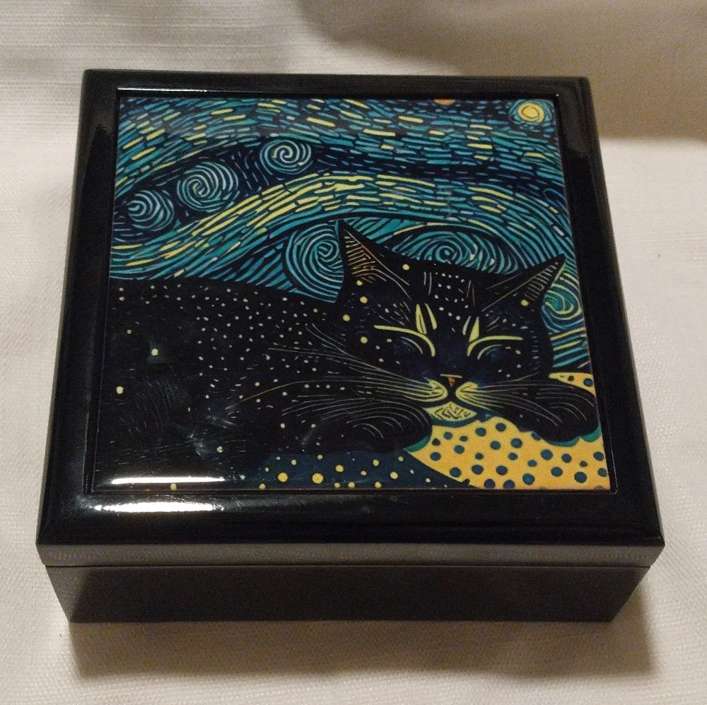Wood Black Cat Sleeping Under the Stars Starry Night Keepsake/Jewelry Box